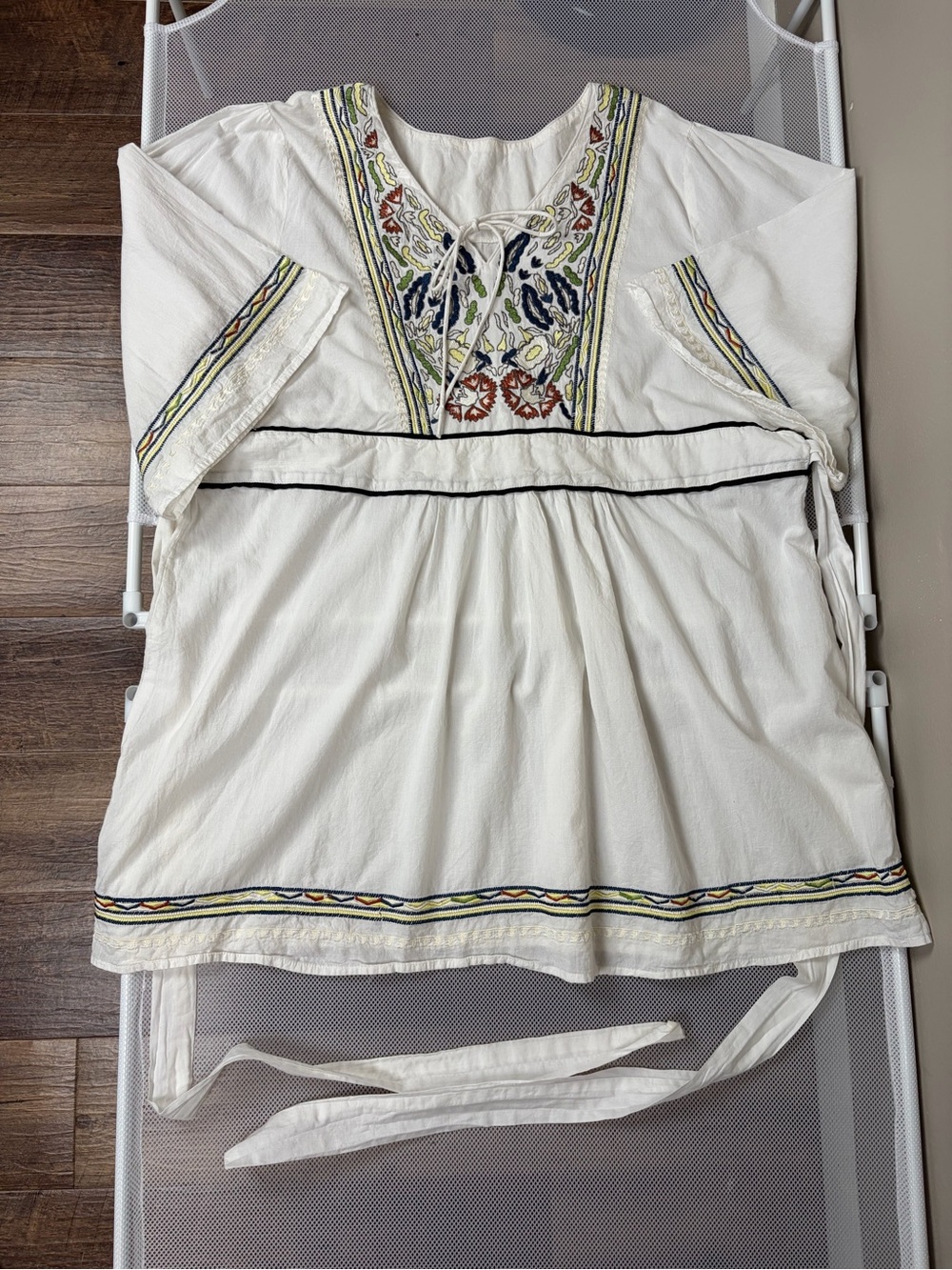Boho Embroidered Tie Waist Tunic Mini Dress White Caftan Peasant Festival XL/2XL - Picture 6 of 15